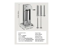 Embutidora de Salchichas SucceBuy Manual Capacidad 5 L, Máquina de Salchichas Vertical de Acero Inoxidable, Envasadora a Doble Velocidad, con 5 Tubos de Llenado