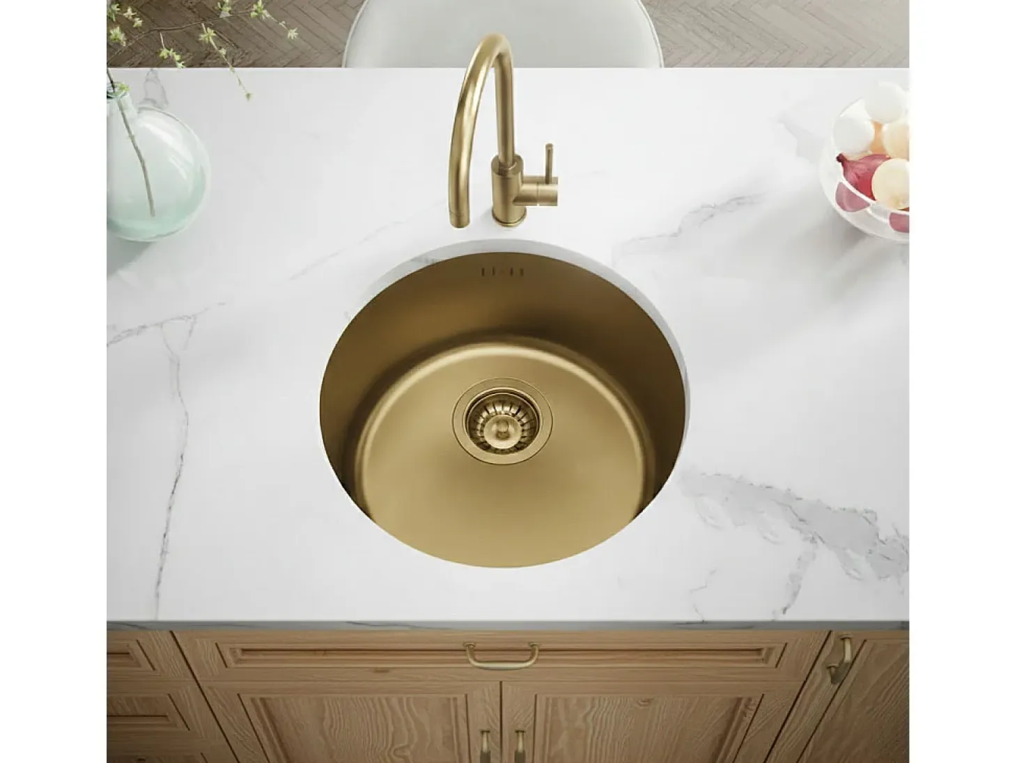 Essenox fregadero 1 cubeta redonda en acero inoxidable 42.5cm oro cepillado Essebagno