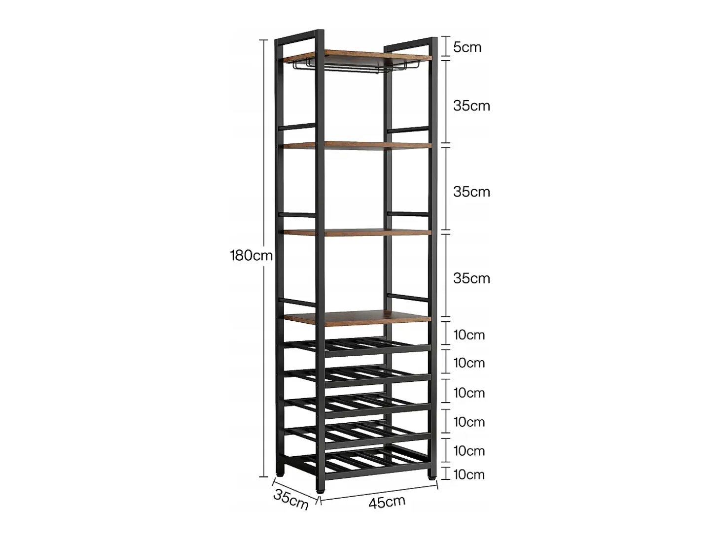 Estante de vinos autónoma de 9 niveles con soporte de vidrio y estantes de almacenamiento, Estante para botellas de vino, de color marrón rústico