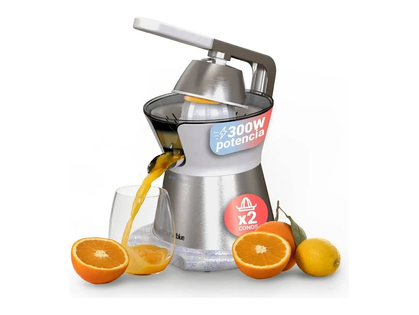 Exprimidor de brazo Juicy Plus Universal Blue 300W 2 conos blanco