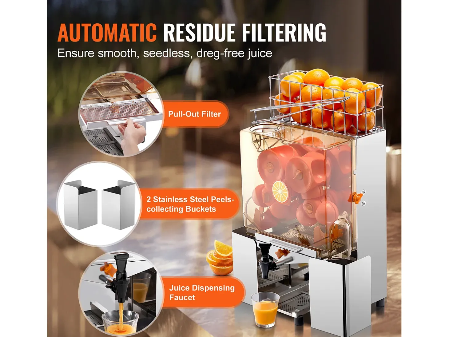 Exprimidor de Jugo de Naranja SucceBuy Comercial 120 W con Extractor de Jugo de Naranja y Grifo de Agua, Exprime 20 Naranjas/Minuto, Tapa de PC