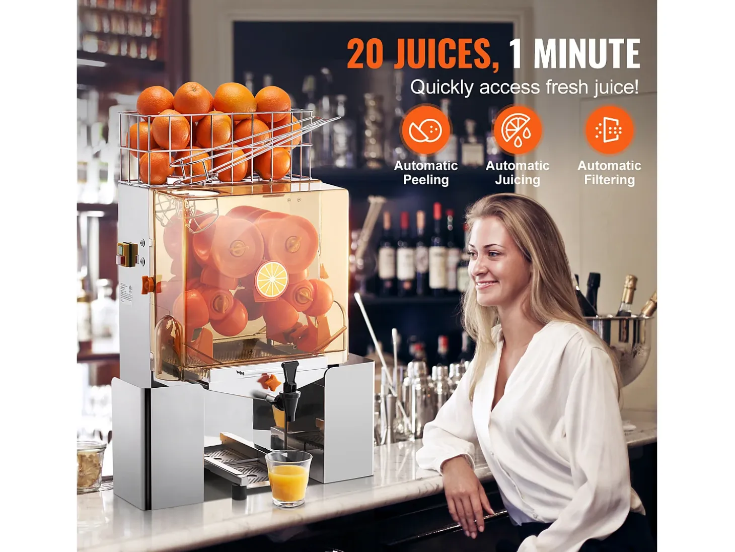 Exprimidor de Jugo de Naranja SucceBuy Comercial 120 W con Extractor de Jugo de Naranja y Grifo de Agua, Exprime 20 Naranjas/Minuto, Tapa de PC