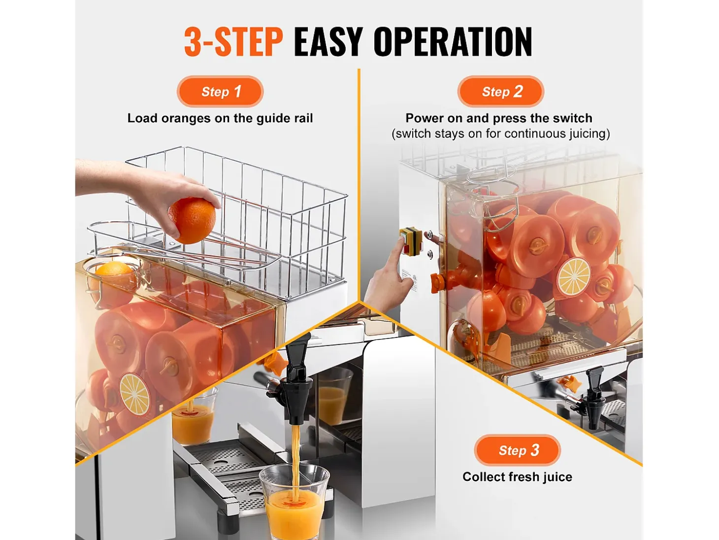 Exprimidor de Jugo de Naranja SucceBuy Comercial 120 W con Extractor de Jugo de Naranja y Grifo de Agua, Exprime 20 Naranjas/Minuto, Tapa de PC