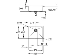Fregadero de acero inoxidable GROHE K700 55x45 cm - 1 cubeta - Instalación flexible - StarLight - QuickFix