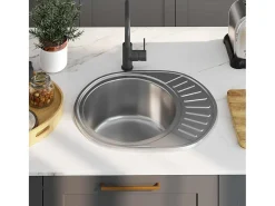 Fregadero de cocina con colador y sifón ovalado de acero inoxidable