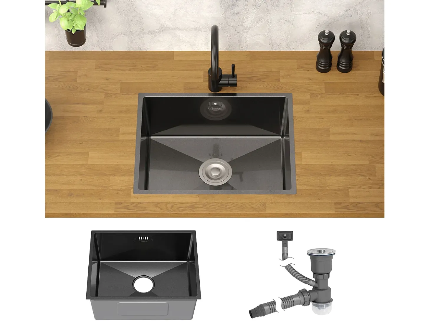 Fregadero de cocina de un seno 50x40cm antracita lavabo con desagüe y rebosadero