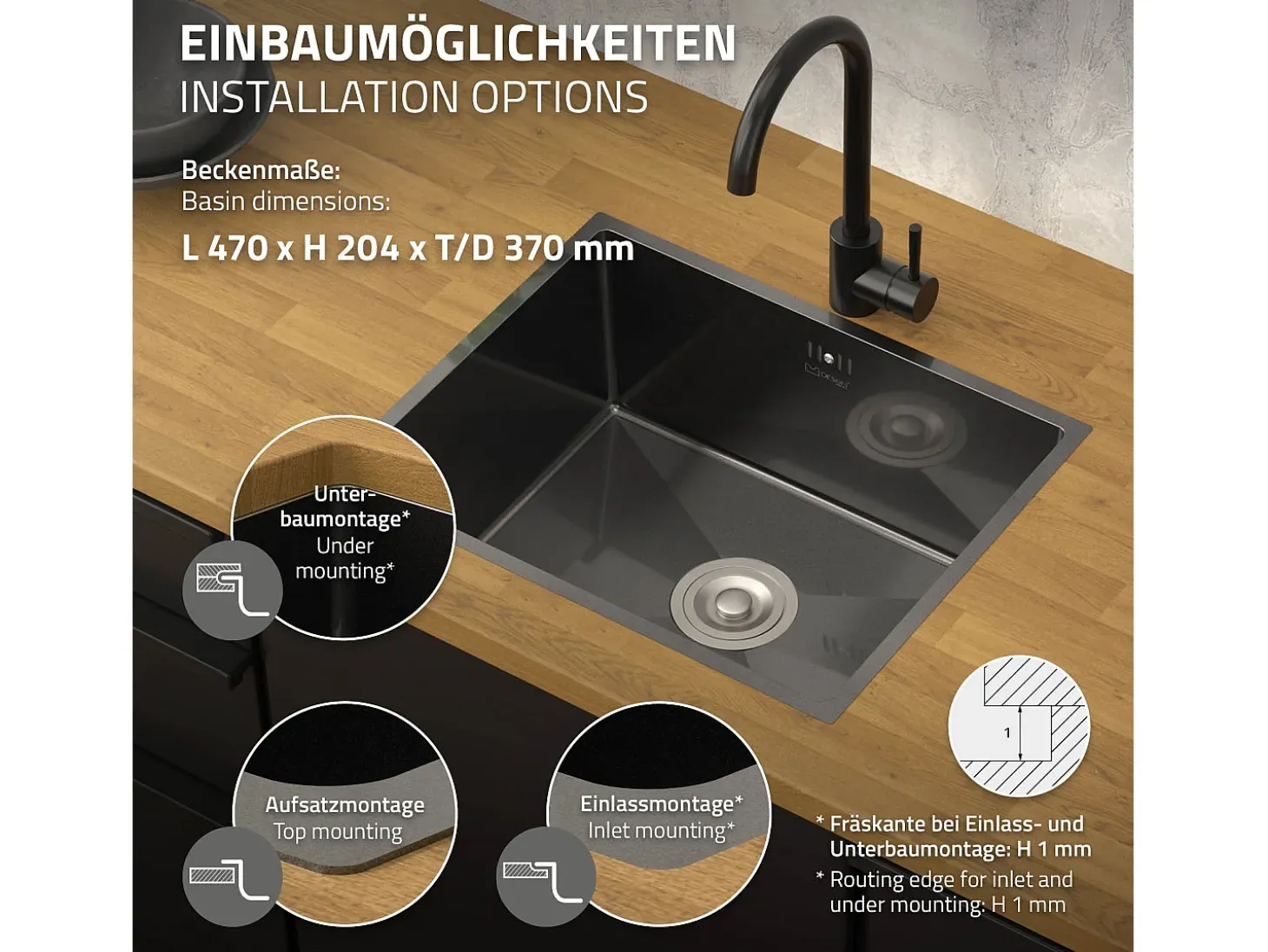 Fregadero de cocina de un seno 50x40cm antracita lavabo con desagüe y rebosadero