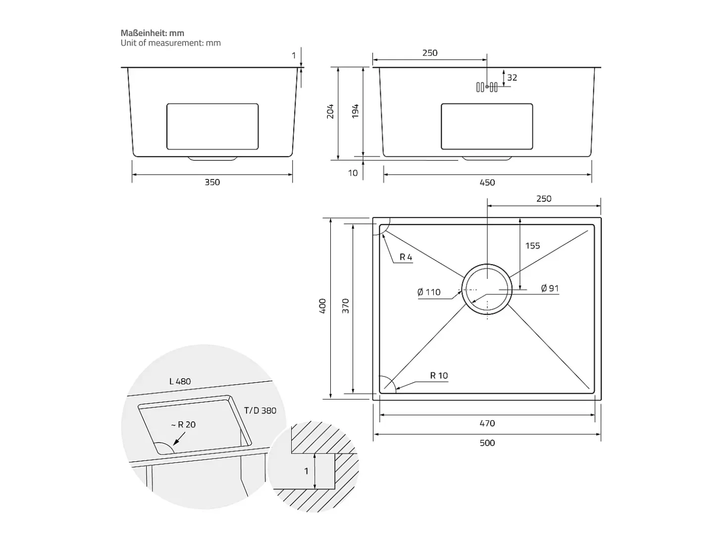 Fregadero de cocina de un seno 50x40cm antracita lavabo con desagüe y rebosadero