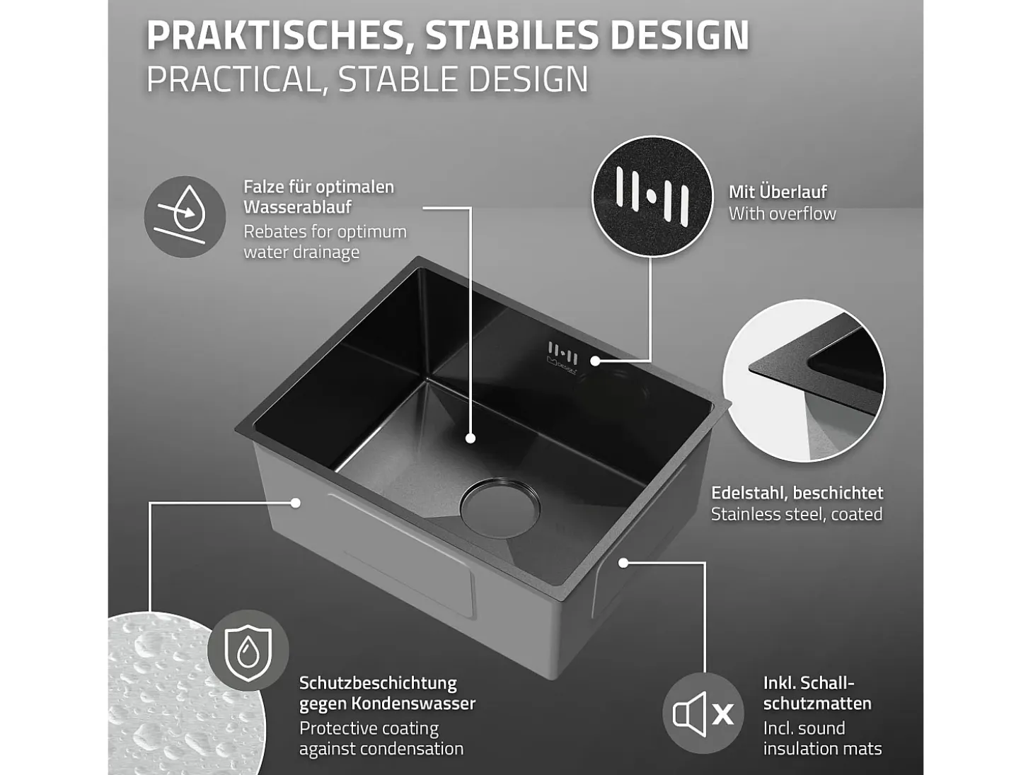 Fregadero de cocina de un seno 50x40cm antracita lavabo con desagüe y rebosadero