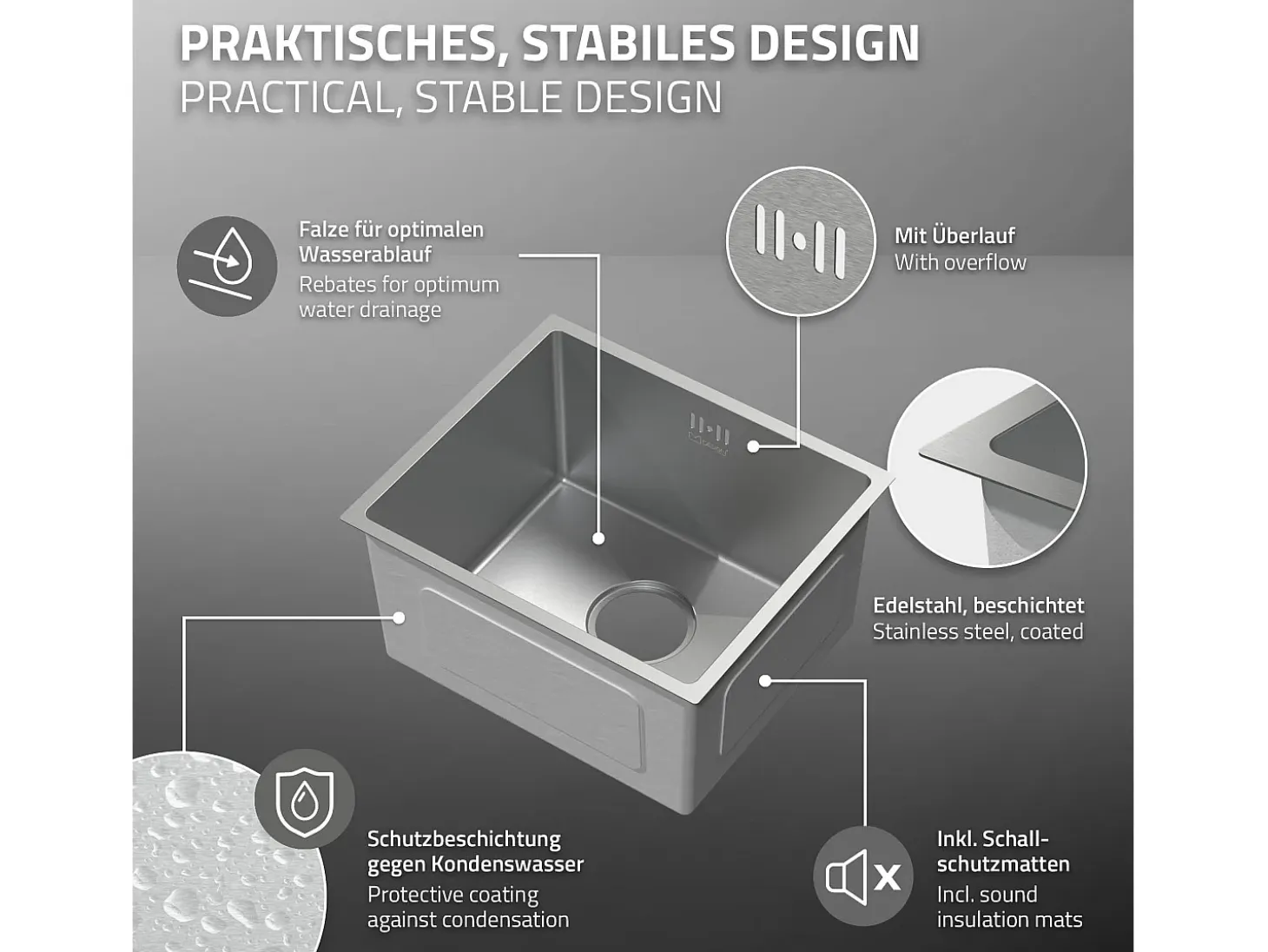Fregadero de cocina de un seno 34x40 cm plateado lavabo con desagüe y rebosadero