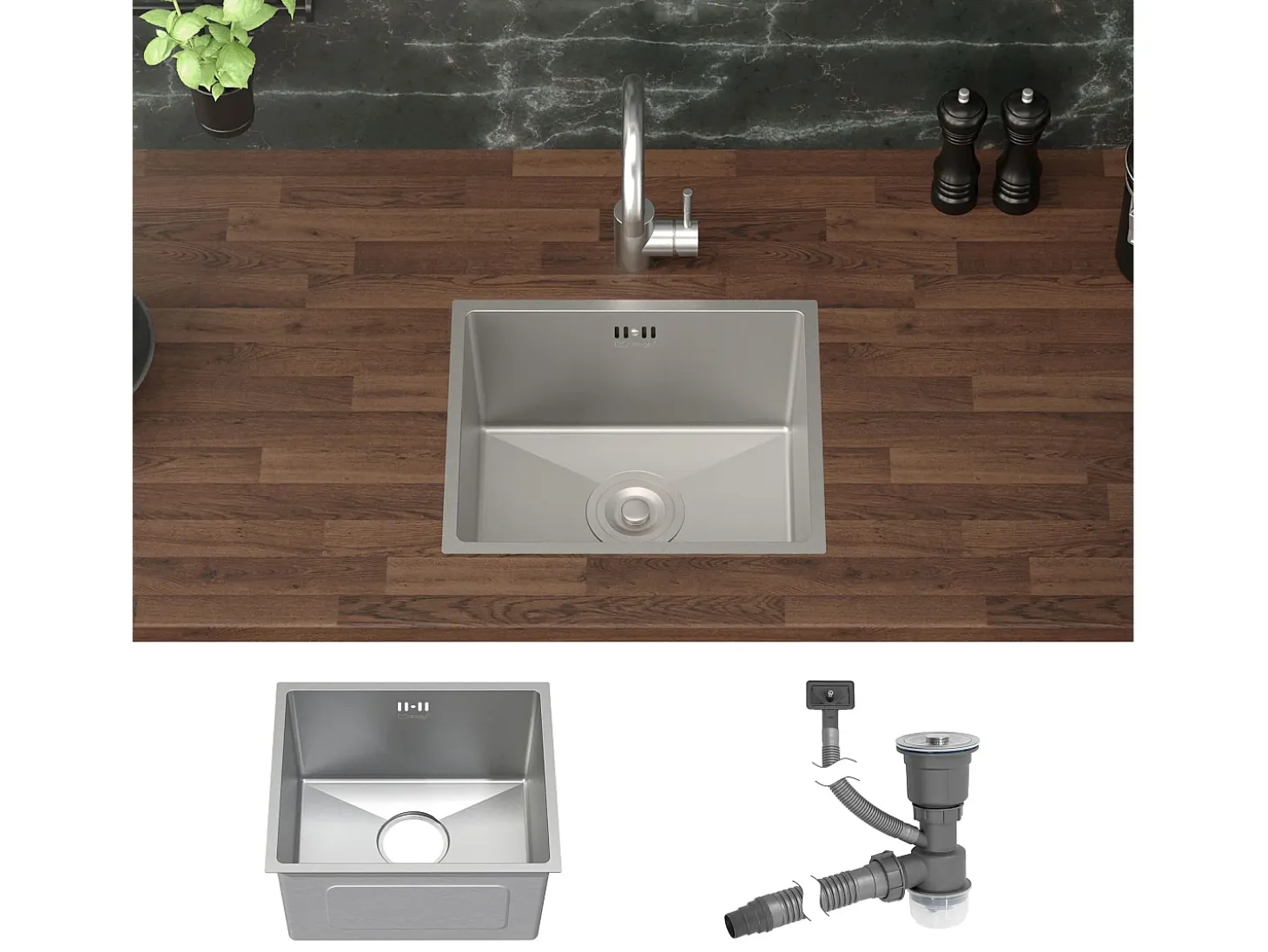 Fregadero de cocina de un seno 34x40 cm plateado lavabo con desagüe y rebosadero