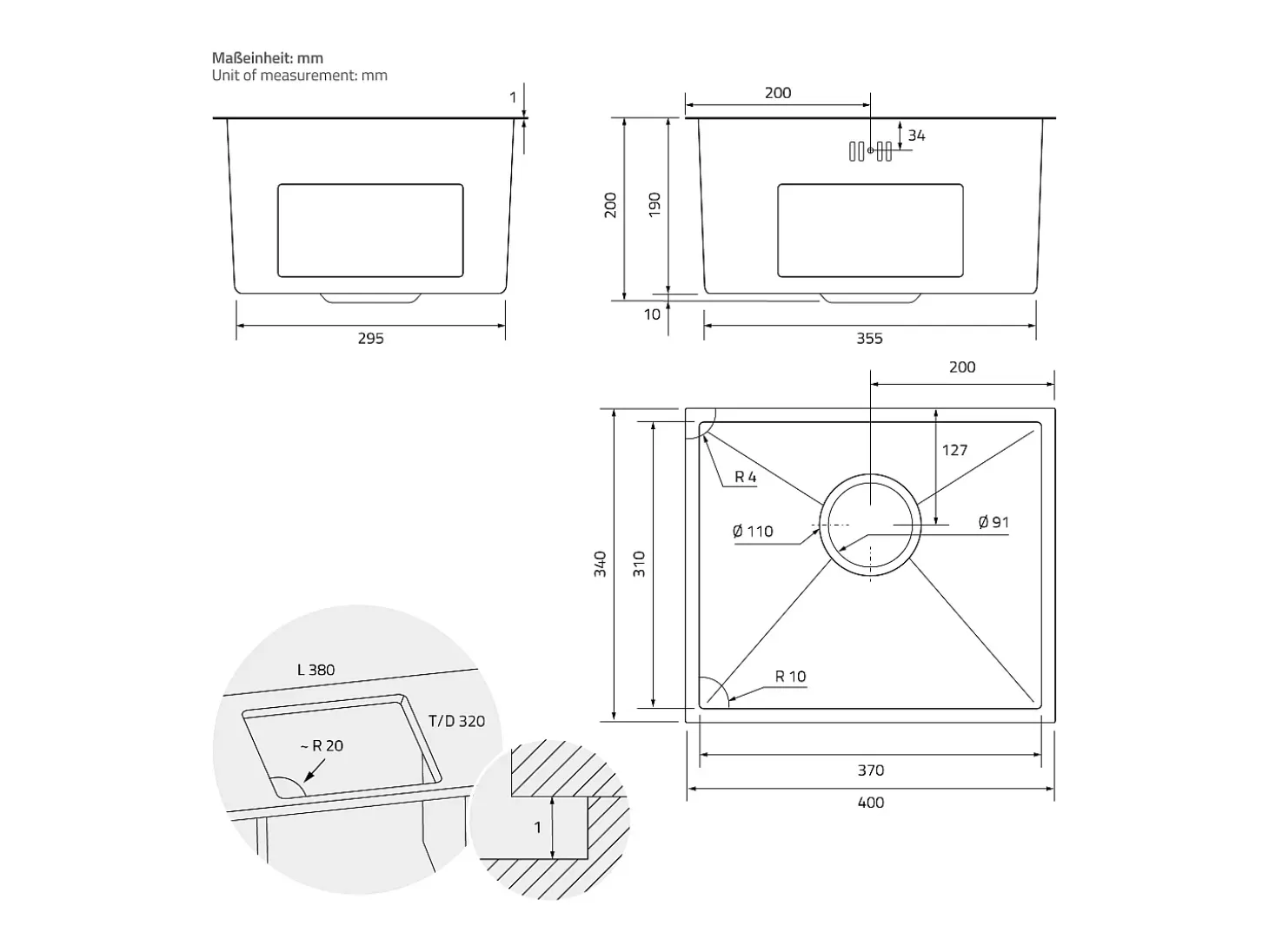 Fregadero de cocina de un seno 34x40 cm plateado lavabo con desagüe y rebosadero