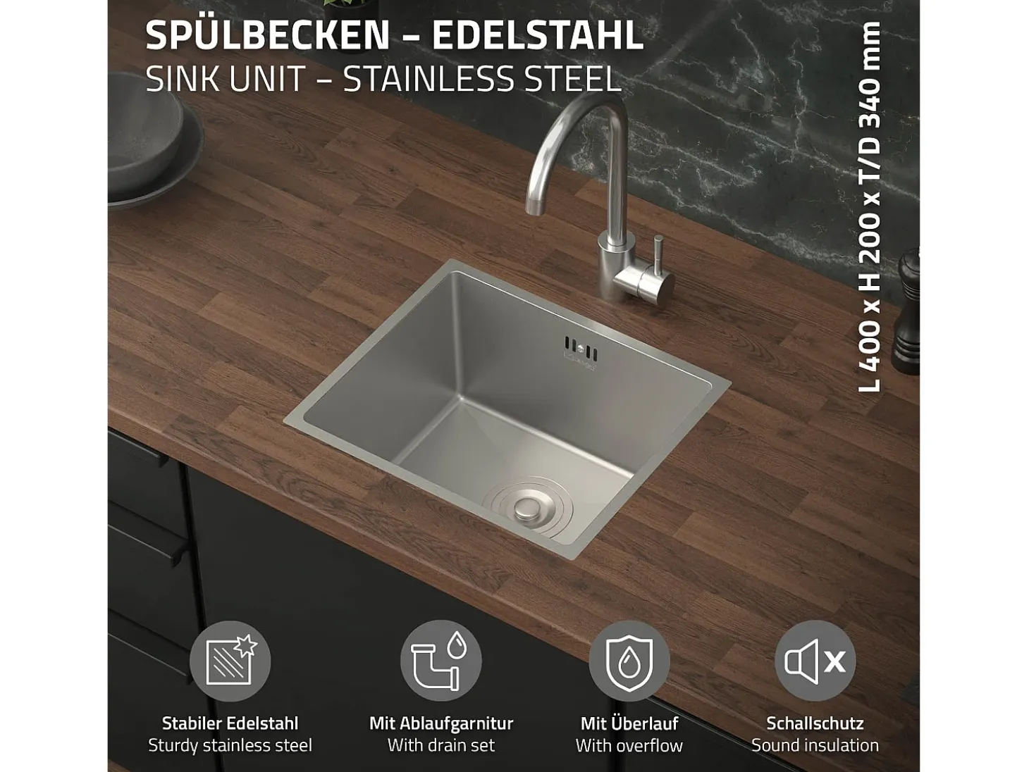 Fregadero de cocina de un seno 34x40 cm plateado lavabo con desagüe y rebosadero