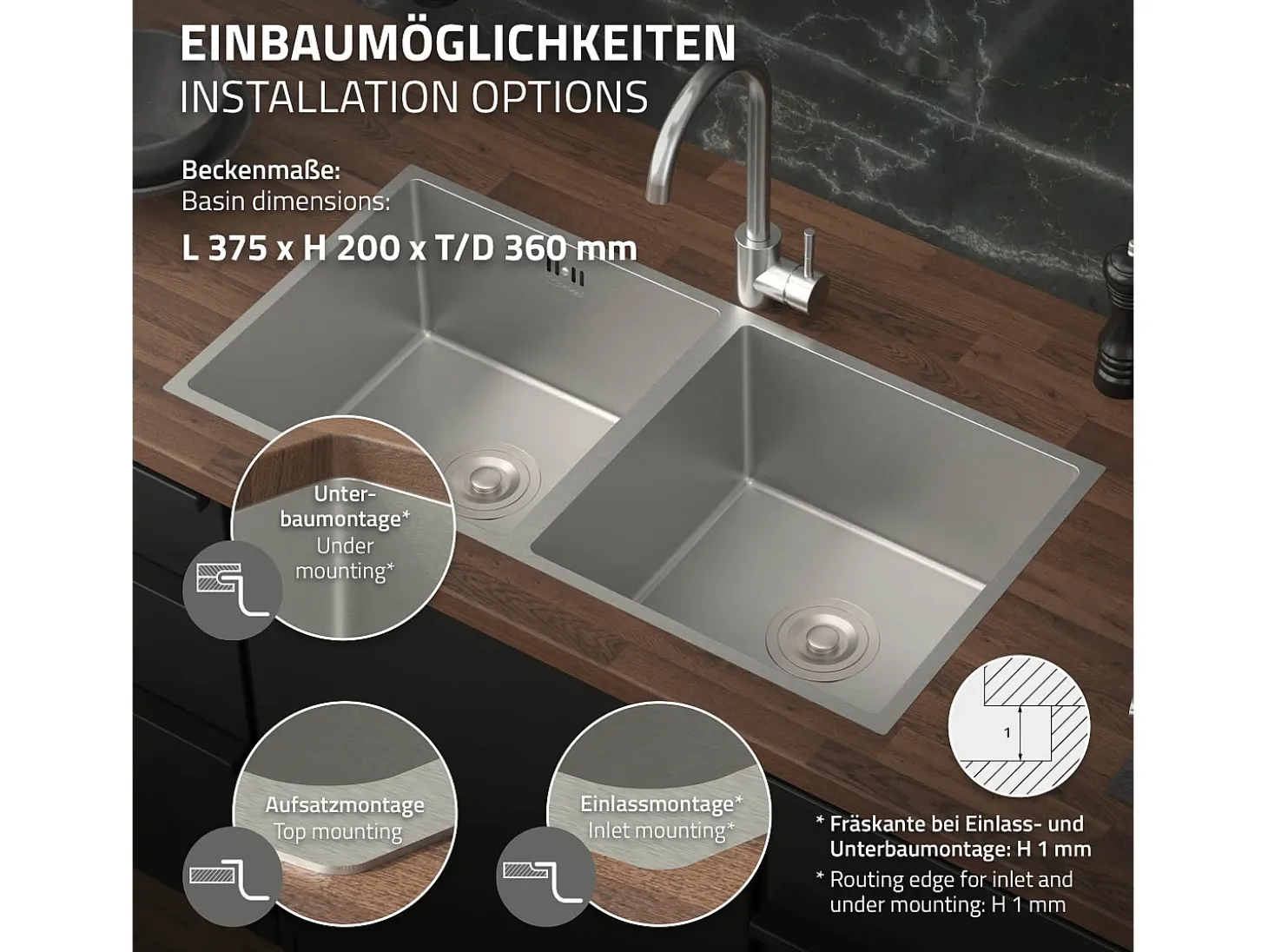 Fregadero de cocina doble 81,5x40cm lavabo plateado de acero con desagüe y sifón