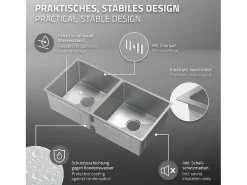 Fregadero de cocina doble 81,5x40cm lavabo plateado de acero con desagüe y sifón