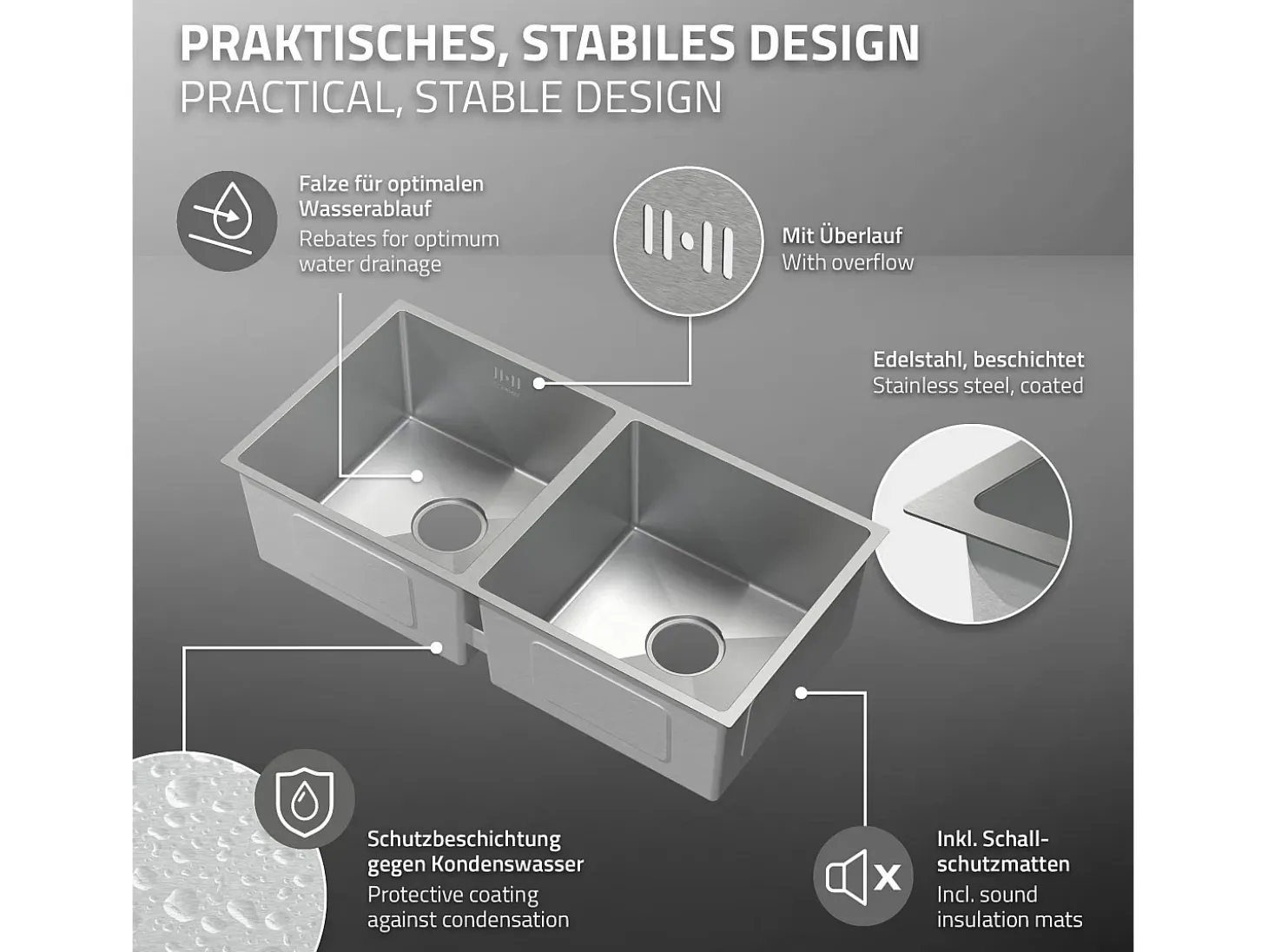 Fregadero de cocina doble 81,5x40cm lavabo plateado de acero con desagüe y sifón