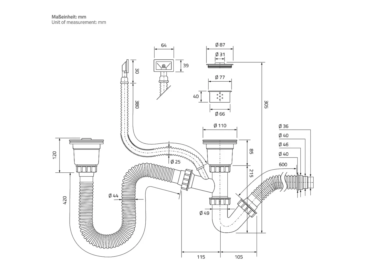 Fregadero de cocina doble 81,5x40cm lavabo plateado de acero con desagüe y sifón