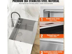 Fregadero de Cocina SucceBuy Estilo Rústico, de Acero Inoxidable 304, de un Solo Seno, 76 x 56 x 23 Cm