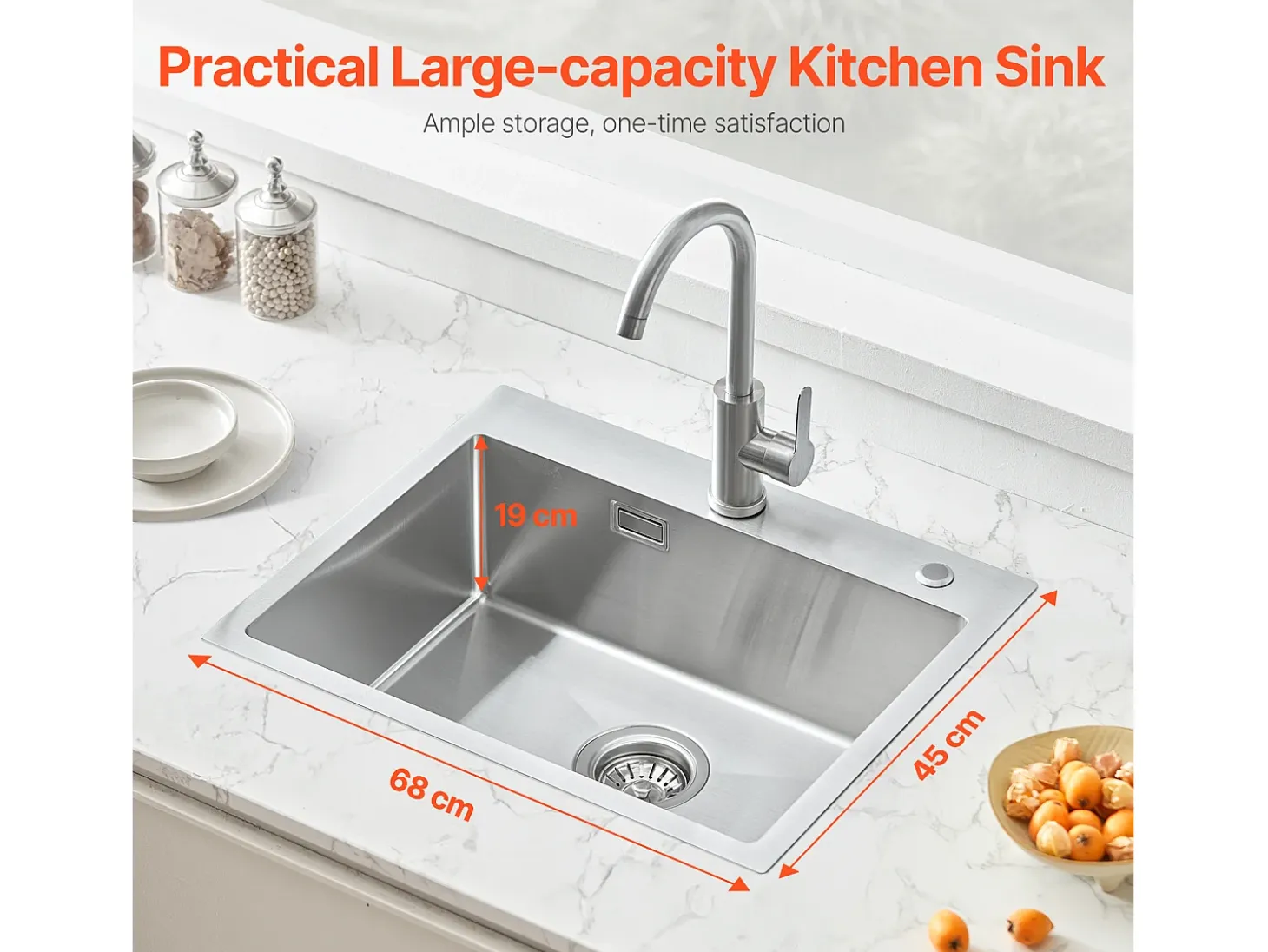 Fregadero de Cocina SucceBuy Fregadero de Cocina de 68CM con Montaje Superior, de un Solo Tazón y Bajo Encimera, de Acero Inoxidable.
