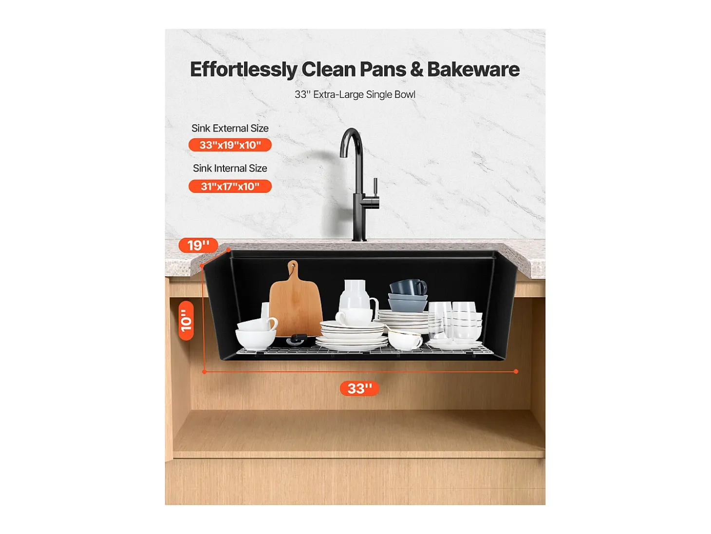 Fregadero de Cocina SucceBuy Moderno en Granito de 83,8 cm, Fregadero bajo Encimera de Cubeta Grande Simple, Cubeta Lavadora con Múltiples Accesorios