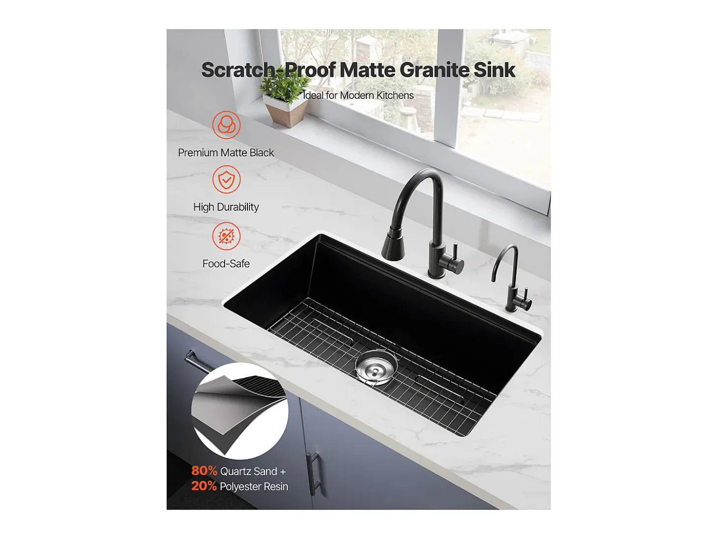 Fregadero de Cocina SucceBuy Moderno en Granito de 83,8 cm, Fregadero bajo Encimera de Cubeta Grande Simple, Cubeta Lavadora con Múltiples Accesorios