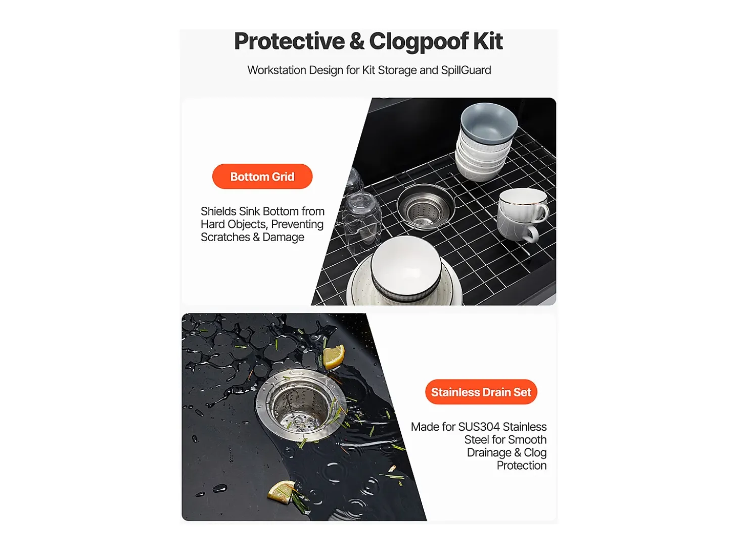 Fregadero de Cocina SucceBuy Moderno en Granito de 63,5 cm, Fregadero de Sobremesa de Cubeta Grande Simple, Cubeta Lavadora Empotrable con Múltiples Accesorios
