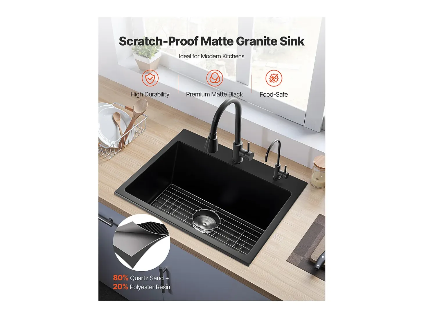 Fregadero de Cocina SucceBuy Moderno en Granito de 63,5 cm, Fregadero de Sobremesa de Cubeta Grande Simple, Cubeta Lavadora Empotrable con Múltiples Accesorios