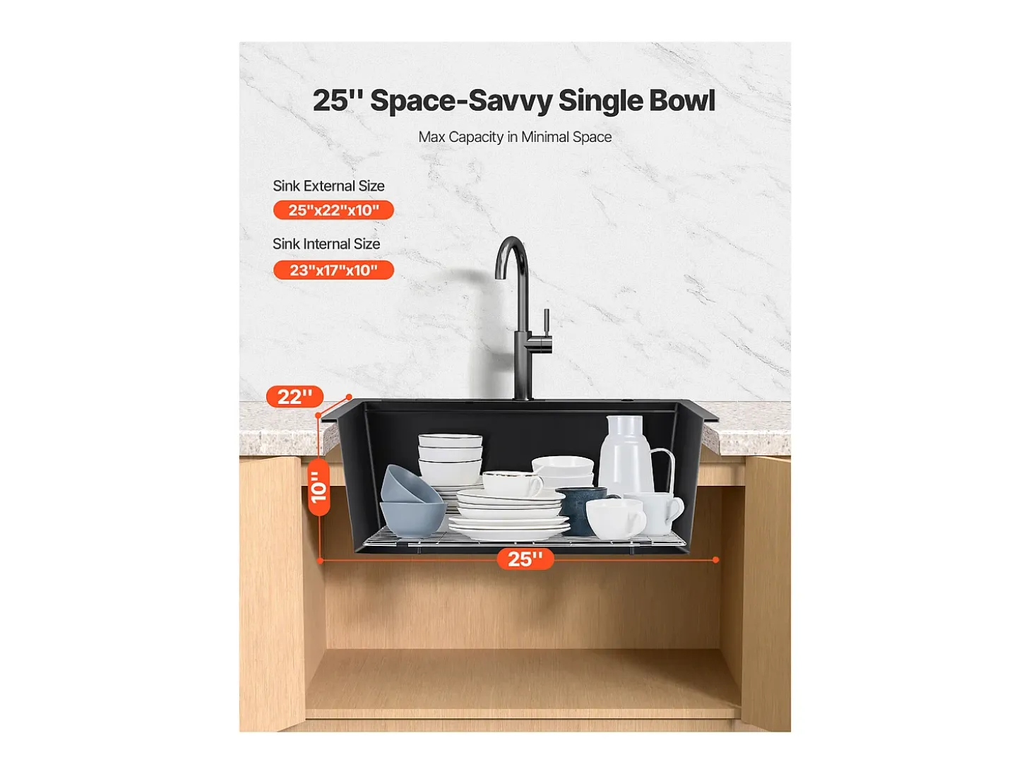 Fregadero de Cocina SucceBuy Moderno en Granito de 63,5 cm, Fregadero de Sobremesa de Cubeta Grande Simple, Cubeta Lavadora Empotrable con Múltiples Accesorios