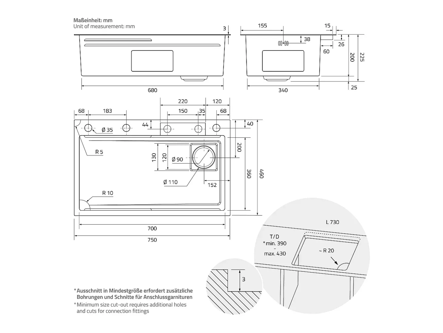 Fregadero de cocina 75x46 cm lavabo rectangular antracita acero con accesorios