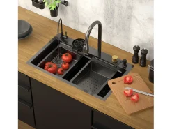 Fregadero de cocina 75x46 cm lavabo rectangular antracita acero con accesorios