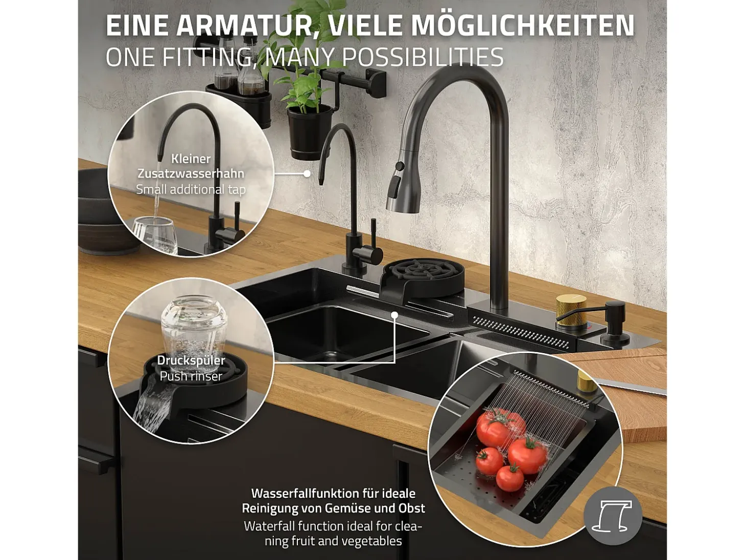 Fregadero de cocina 68x46 cm lavabo rectangular antracita acero con accesorios