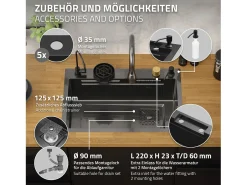 Fregadero de cocina 68x46 cm lavabo rectangular antracita acero con accesorios