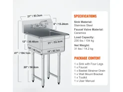 Fregadero de Servicio, SucceBuy, 53.3x104.1CM, Fregadero de Servicio y Preparación de un Compartimento con Protector Contra Salpicaduras de Acero Inoxidable