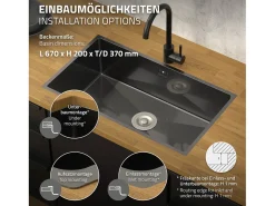 Fregadero XXL de cocina un seno 70x40cm antracita lavabo con desagüe/rebosadero