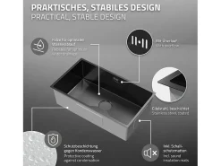 Fregadero XXL de cocina un seno 70x40cm antracita lavabo con desagüe/rebosadero