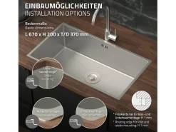 Fregadero XXL de cocina un seno 70x40cm plateado lavabo con desagüe y rebosadero