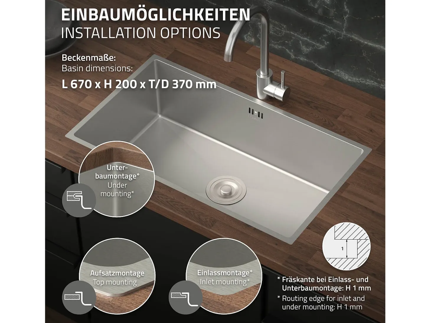 Fregadero XXL de cocina un seno 70x40cm plateado lavabo con desagüe y rebosadero