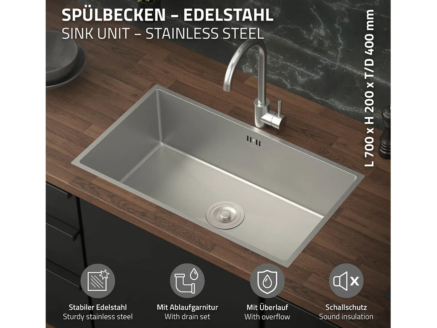 Fregadero XXL de cocina un seno 70x40cm plateado lavabo con desagüe y rebosadero