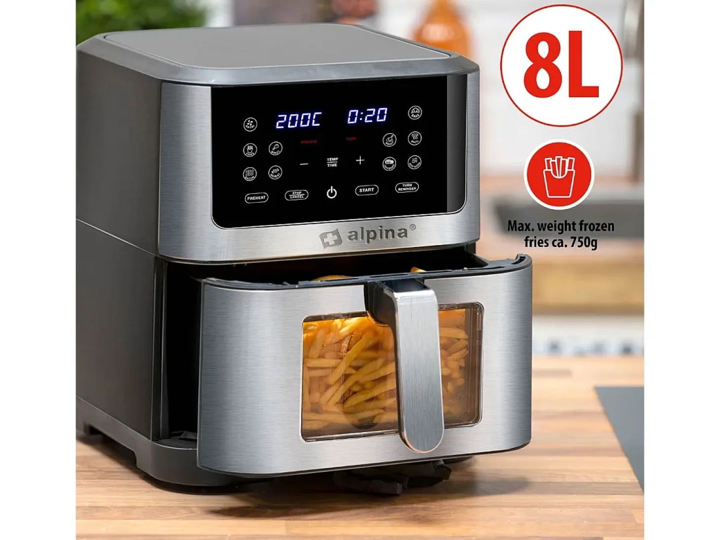 Freidora de aire Alpina 1800W 8L control táctil inox