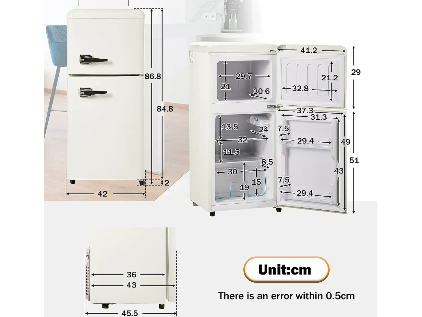 Frigorífico de 60L con 2 puertas e iluminación LED - Consumo energético 102 kWh/año - Blanco crema