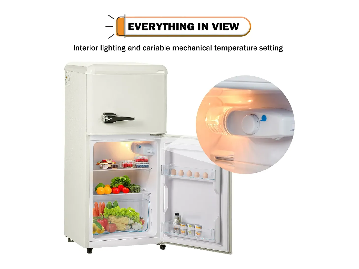 Frigorífico de 60L con 2 puertas e iluminación LED - Consumo energético 102 kWh/año - Blanco crema