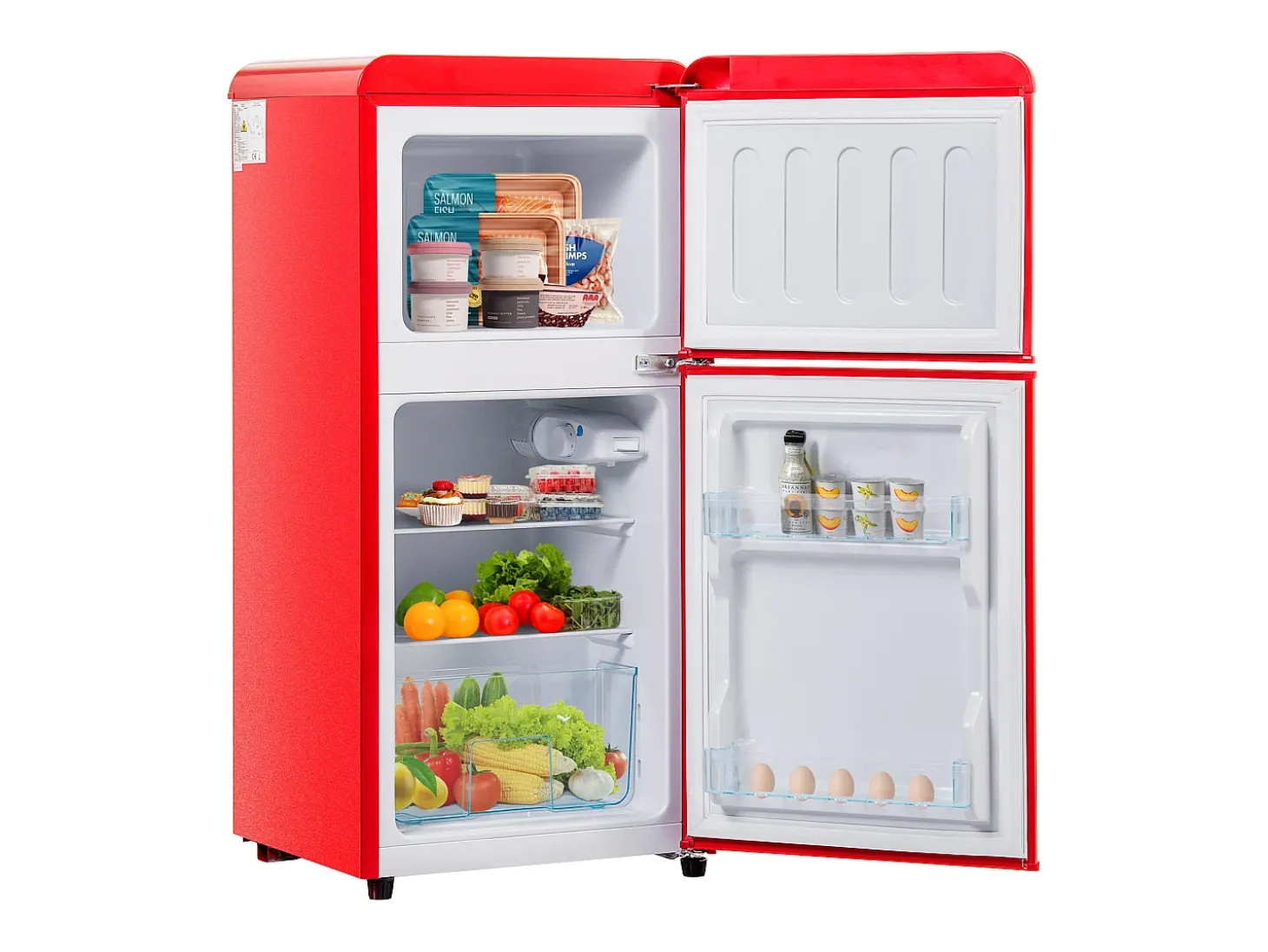 Frigorífico de 60L con 2 puertas e iluminación LED - Consumo energético 102 kWh/año - Rojo