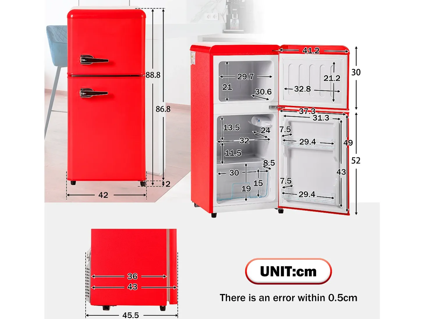 Frigorífico de 60L con 2 puertas e iluminación LED - Consumo energético 102 kWh/año - Rojo