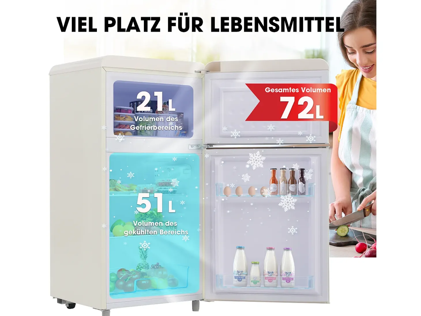 Frigorífico estilo retro de 72L con 2 puertas e iluminación LED - Congelador de 21L - Blanco