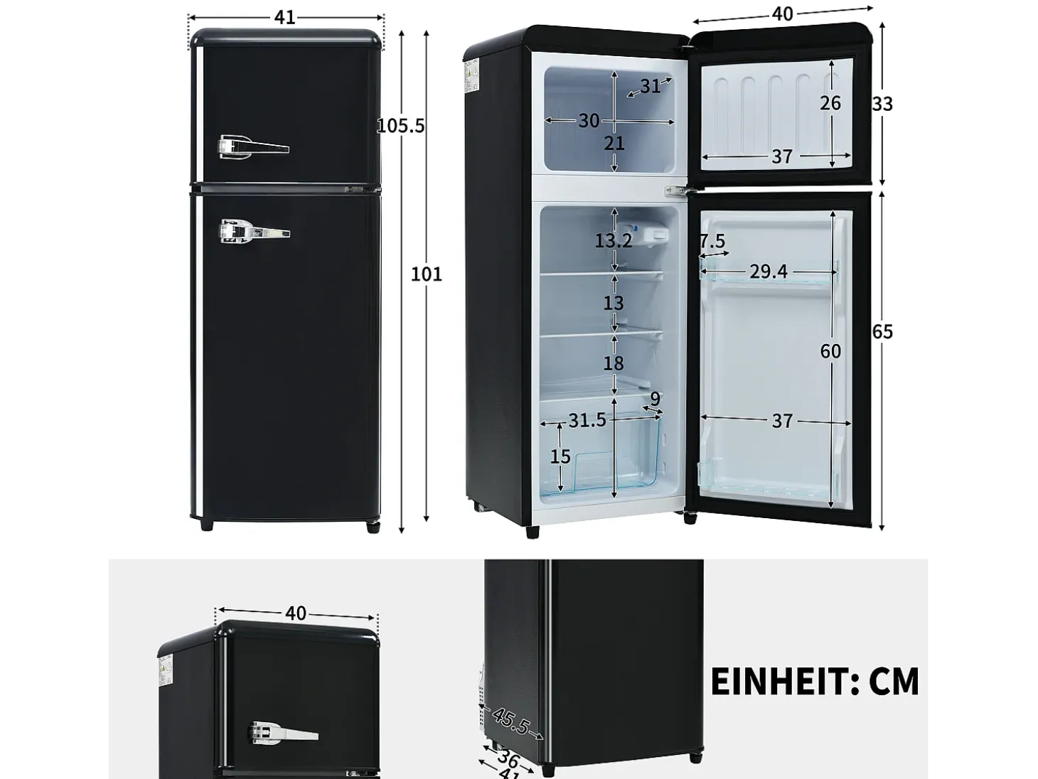 Frigorífico retro de 92L con 2 puertas e iluminación LED - -27°C a 13°C - Negro