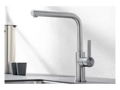 Grifo de cocina BLANCO LANORA acero inoxidable cepillado macizo caño alto orientable 360° palanca vertical ahorro de energía