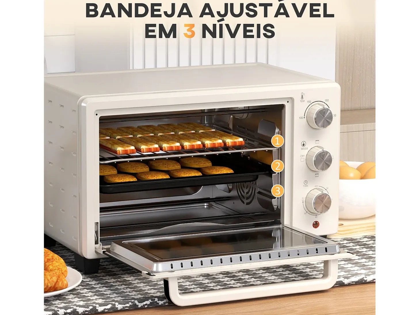 Horno de sobremesa Alec Homcom 1400W 21L 3 modos + temporizador crema 46 cm
