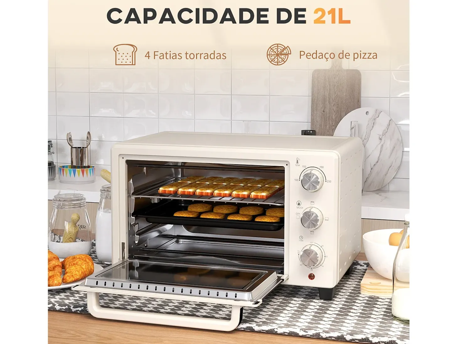 Horno de sobremesa Alec Homcom 1400W 21L 3 modos + temporizador crema 46 cm