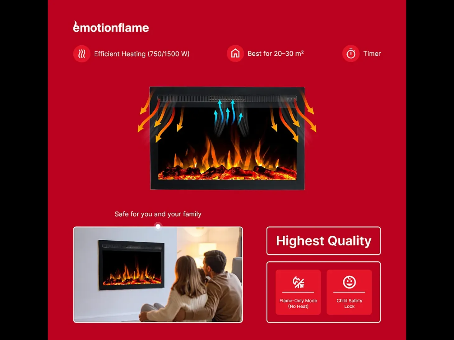 Insert eléctrico INFINITY para chimenea eléctrica - fuego premium - empotrada - 66x14x50 cm - chimenea LED con calefacción 750/1500 W