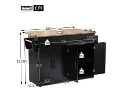 Isla central - 120 x 46 (70) x 91 cm - tablero plegable + ruedas Patas intercambiables - MDF - Negro